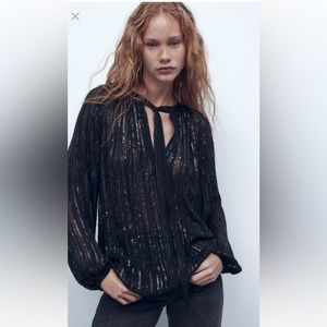 NWT Zara VOLUMINOUS SEQUIN Viscose Sheer BLOUSE size S